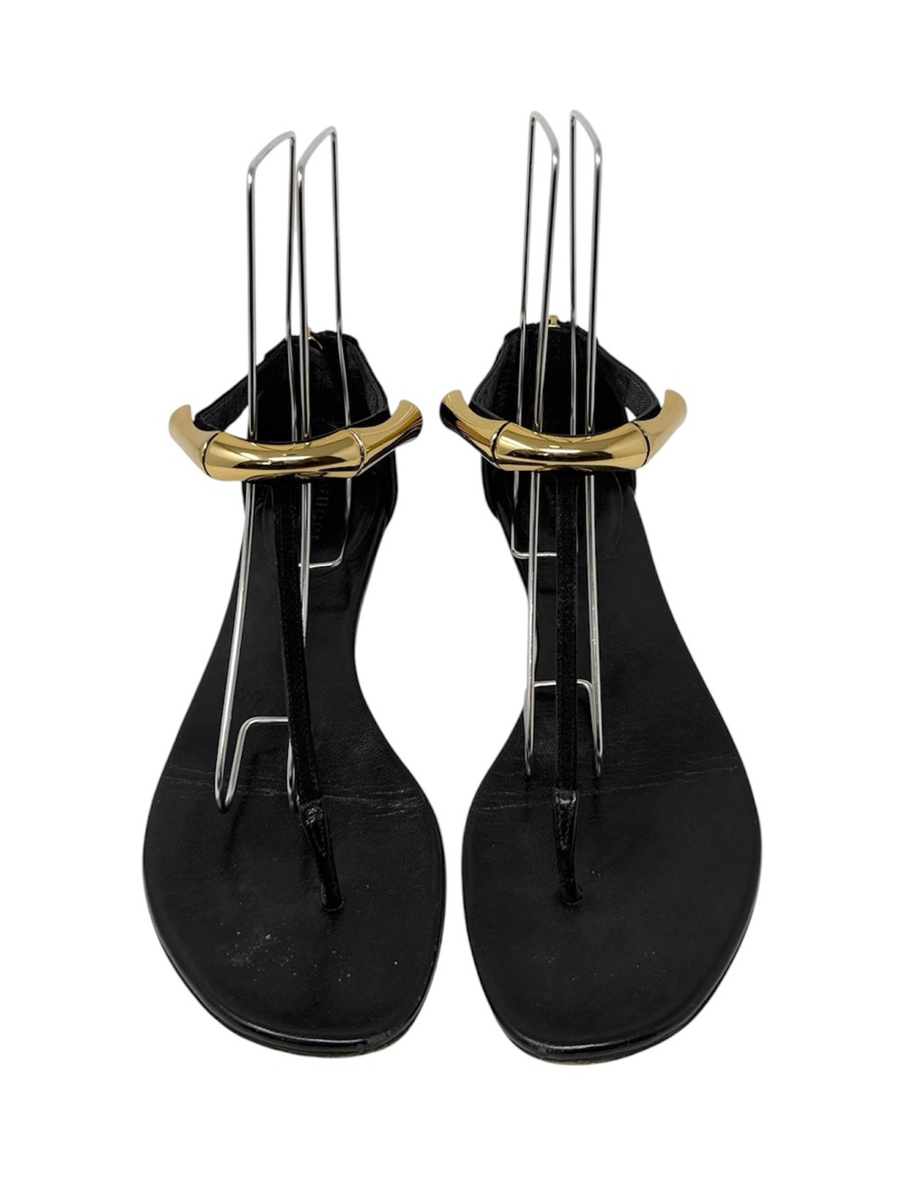 Gucci Coraline Black Suede Gold Bamboo Accent Flat Sandals Size 37.5